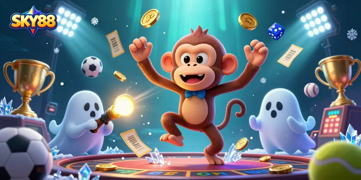 Engage in exciting gameplay at SKY88 with thrilling coins, chips, and cards in a vibrant casino scene.