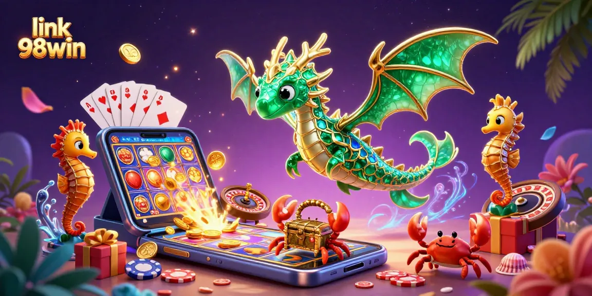 Win big with link 98win while enjoying slot games, golden coins, and a magical underwater scene.