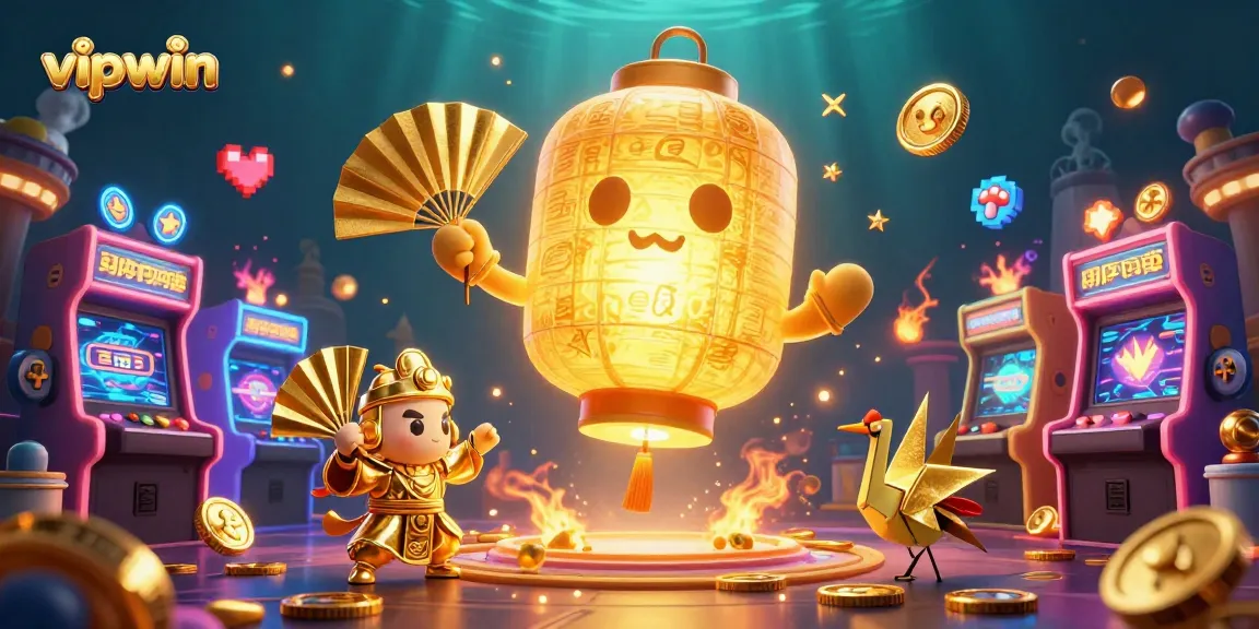 Engage with vipwin at a vibrant casino scene featuring golden lanterns and dynamic game elements.