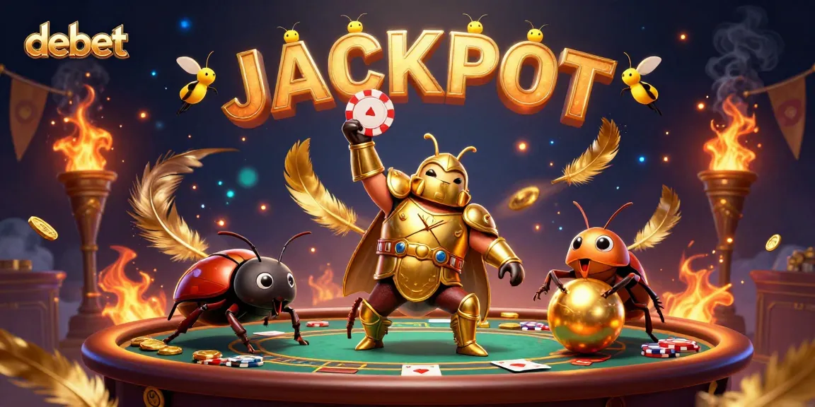 Experience the thrill of debet as a golden armored beetle celebrates a jackpot win among swirling tokens and colorful lights.