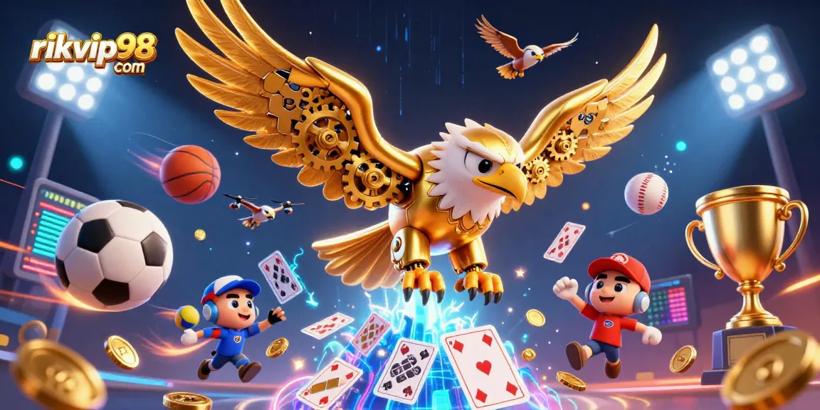 Explore exciting gaming opportunities at rikvip98 com with a vibrant 3D illustration featuring dynamic characters and gambling elements.