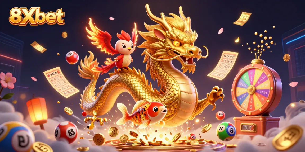 Experience thrilling wins with 8Xbet's dynamic casino scene featuring a dragon, phoenix, and koi fish.
