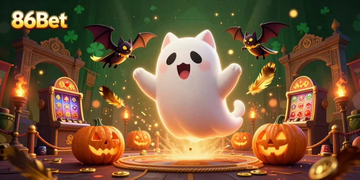 Engage with 86Bet’s thrilling gambling adventure in a vibrant haunted casino scene.