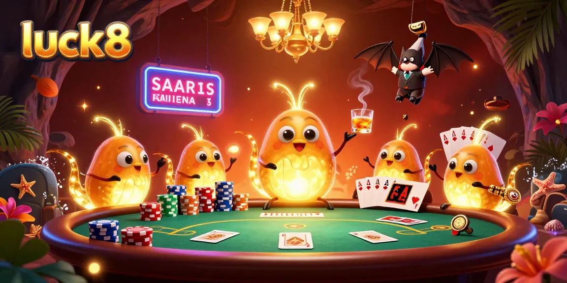 Experience the excitement of luck8 gaming with glowing characters lighting up a poker scene.