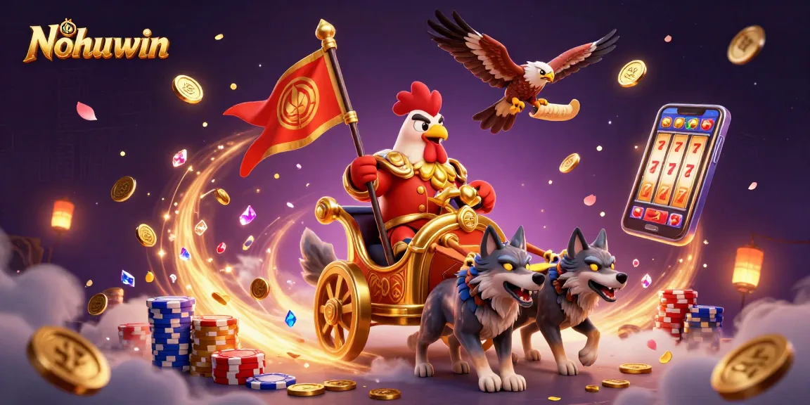 Nohuwin captivates gamblers with a 3D illustration of a rooster warlord amidst vibrant casino elements.