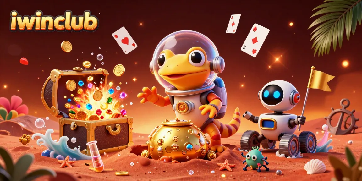 Win big at iwinclub with a 3D rendering of a Martian gecko celebrating a golden casino discovery.