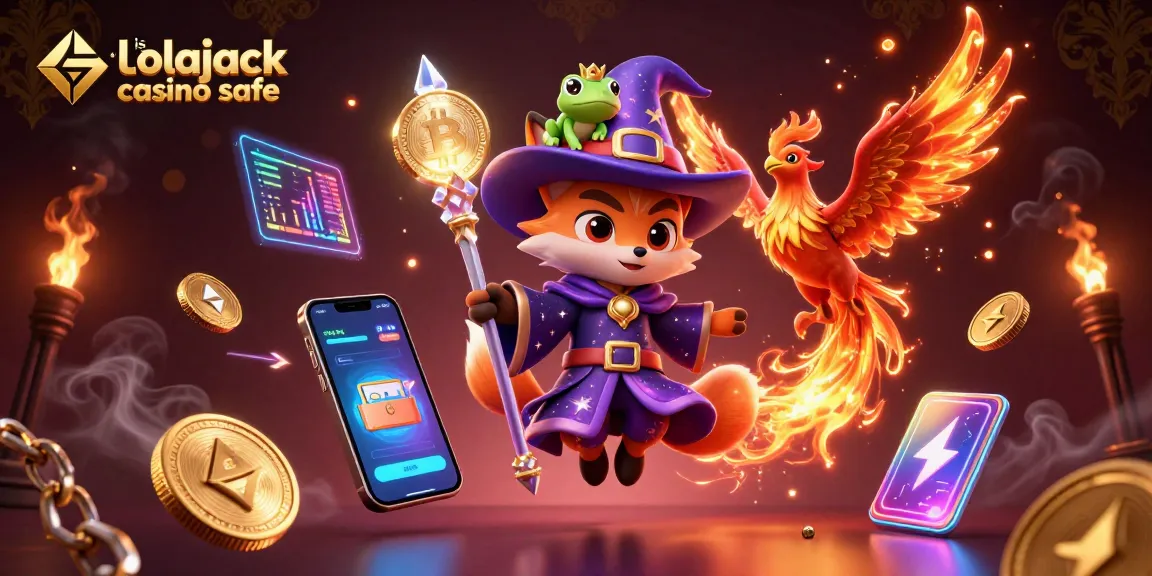 Engage with the magical scene depicting is lolajack casino safe, featuring a wizard fox and a phoenix surrounded by crypto elements.