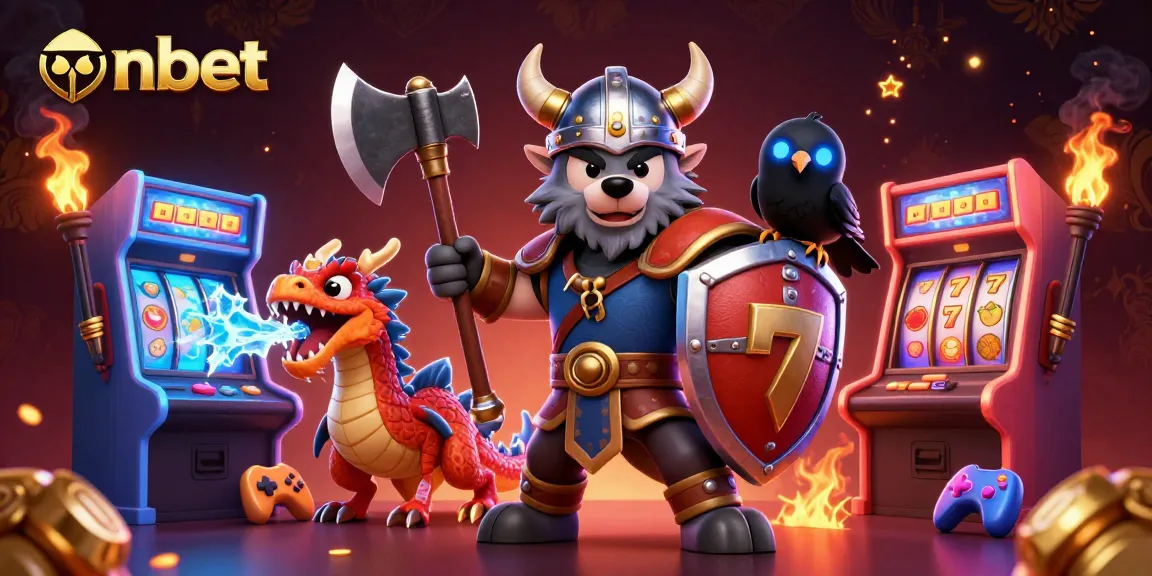 Engage with nbet's thrilling slots as a Viking warrior, dragon, and raven celebrate with colorful game elements.