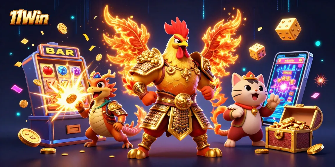 Experience the thrill of 11Win with a powerful rooster warrior amidst epic jackpot excitement.