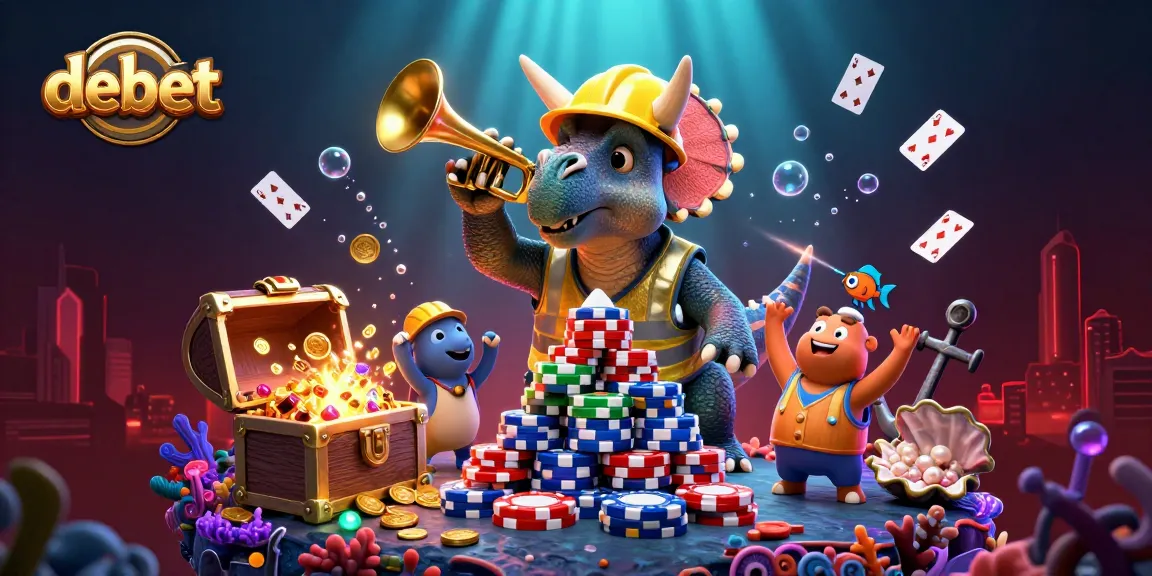 Win big with debet as the triceratops builds poker chip pyramids amidst joyous celebrations.