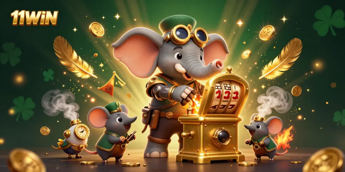 Experience thrilling gameplay with 11WIN as the steampunk elephant engineer plays slots in a vibrant casino setting.
