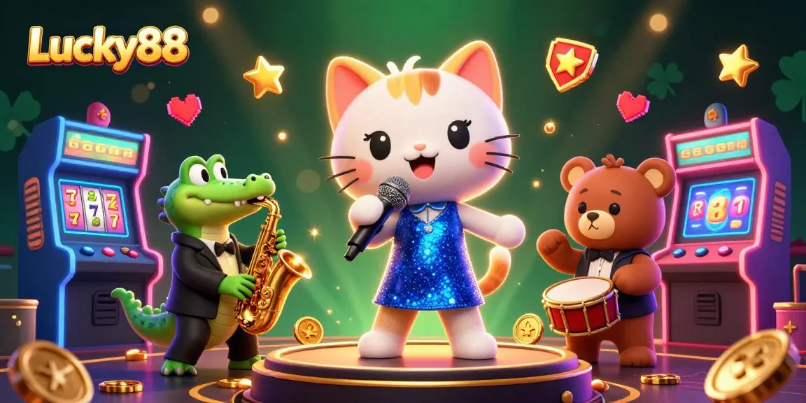 Experience the excitement of Lucky88 slot with a lively 3D casino scene featuring unique characters and vibrant gaming elements.