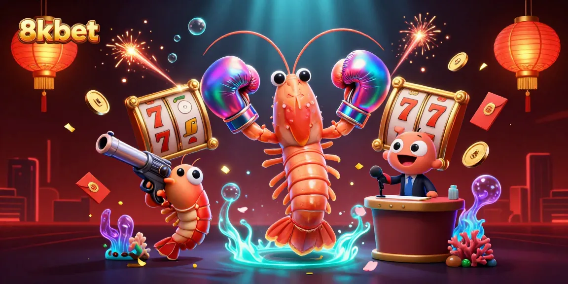 Join the thrill at 8xbet with vibrant slot reels and animated shrimp characters in an exciting casino scene.