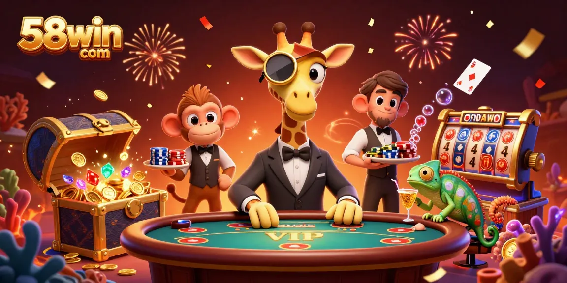 Experience the excitement of 58win com with a vibrant casino scene featuring a high-roller giraffe and dynamic game elements.