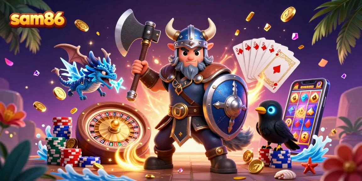 Experience thrilling wins at sam86 with a Viking warrior, dragon, and exciting casino elements.