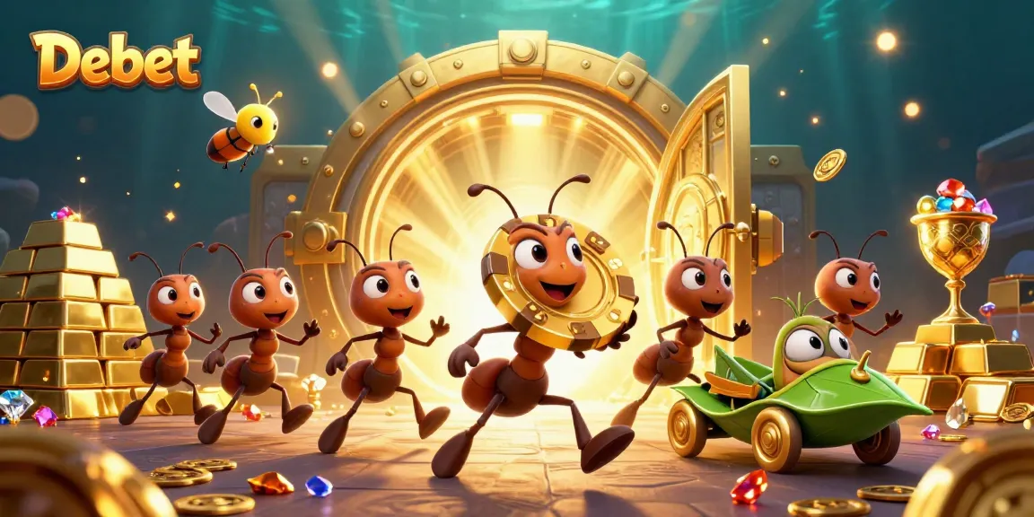 Capture the excitement of Debet with ants on a heist carrying a giant poker chip in a vibrant casino-themed scene.