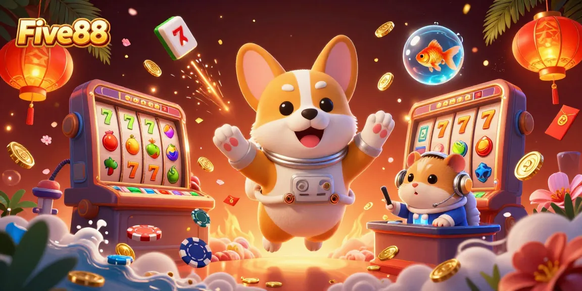 Five88 casino illustration with astronaut corgi and poker elements floating in zero gravity.