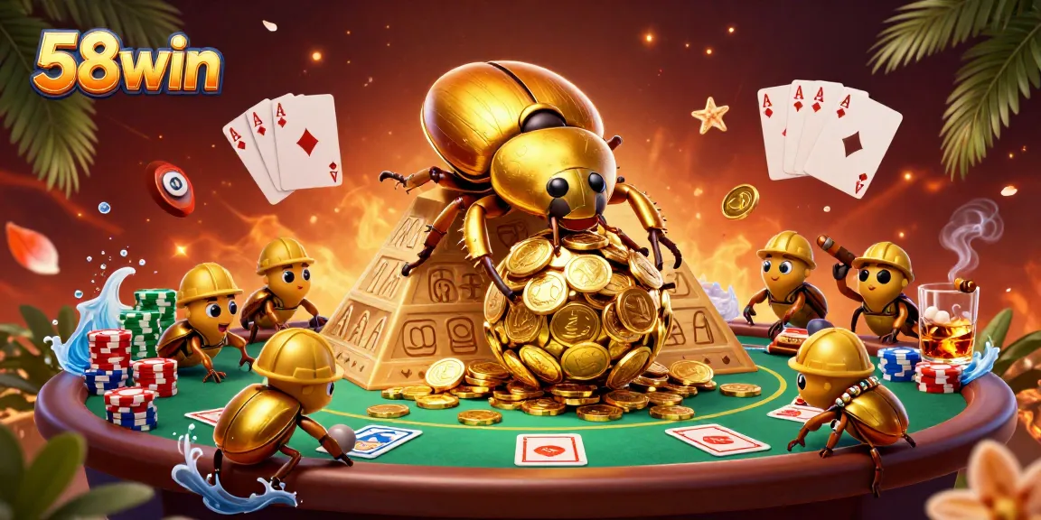 Experience the thrill of 58win as a golden dung beetle rolls a jackpot of coins amid vibrant casino elements.