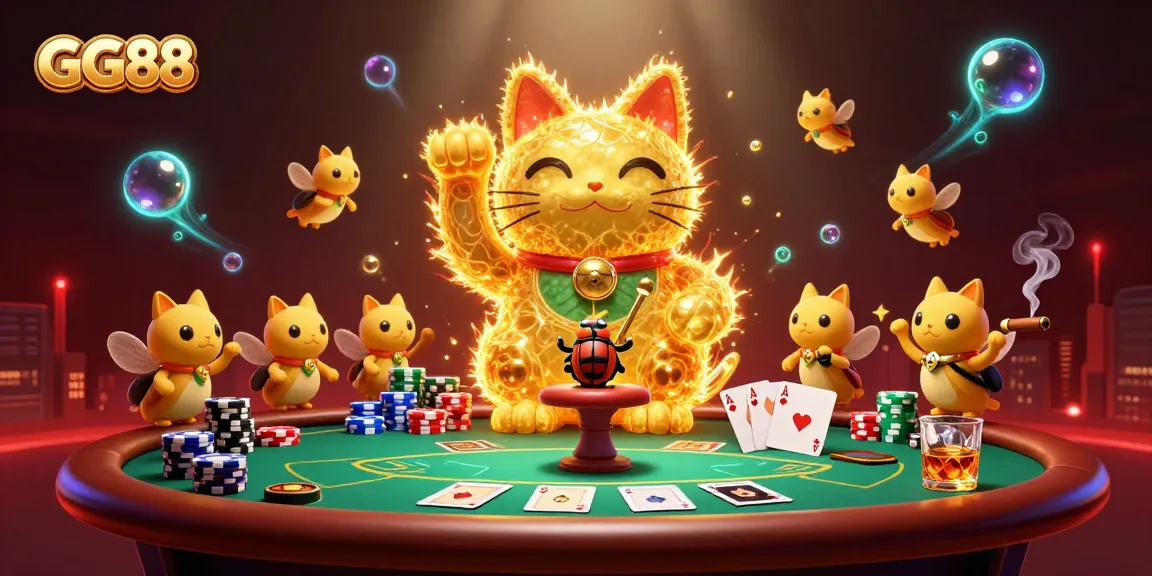 Experience GG88's vibrant gaming world with a golden lucky cat surrounded by dynamic casino elements.