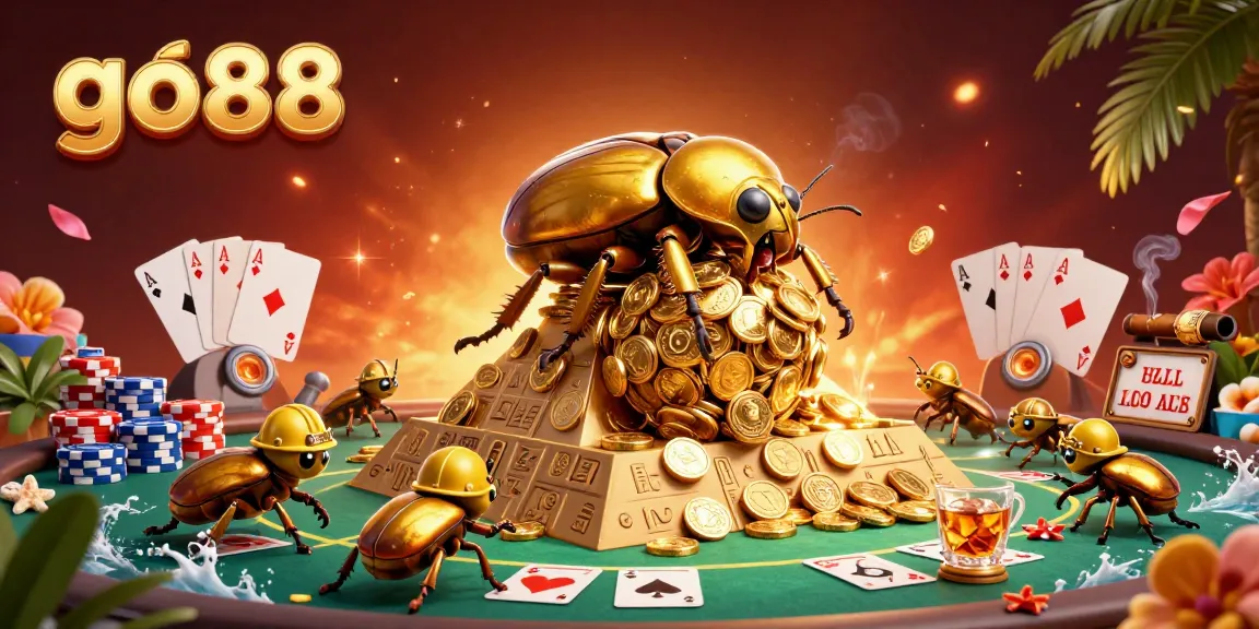 Experience the thrill of go88 with a dynamic scene of golden beetles and casino elements.