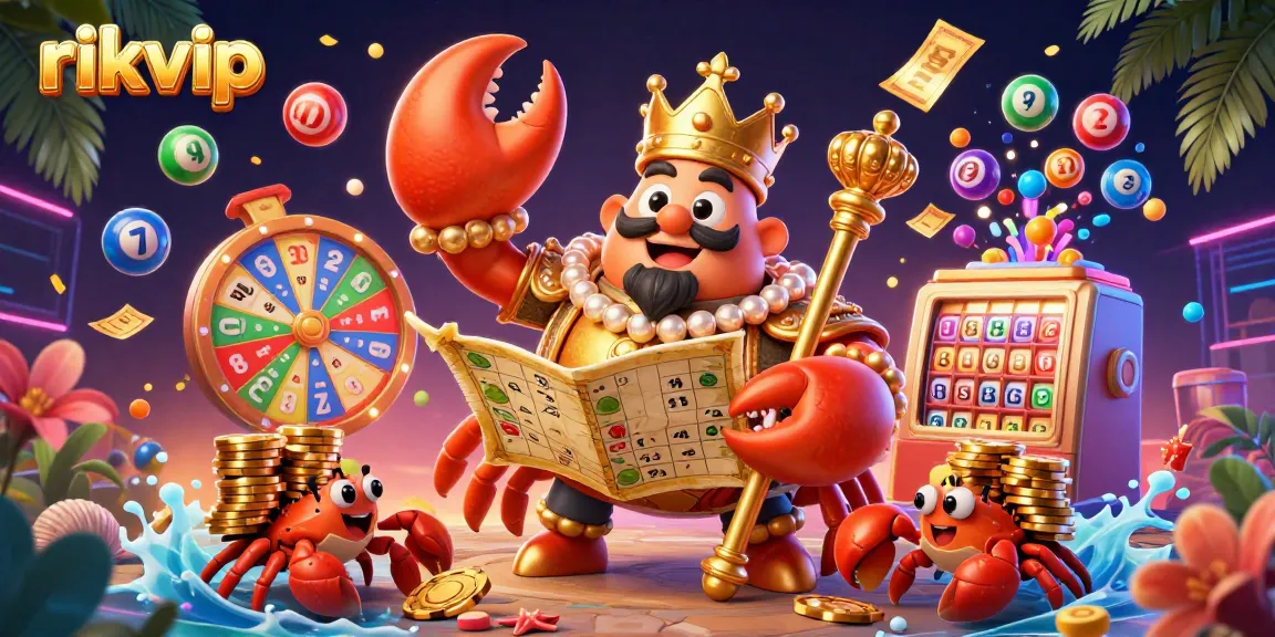 Experience the excitement of rikvip with a vibrant casino scene featuring a golden crab emperor, game elements, and dynamic effects.