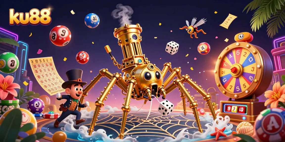 ku88 showcases a vibrant 3D illustration featuring a golden spider, lottery elements, and energetic gameplay.