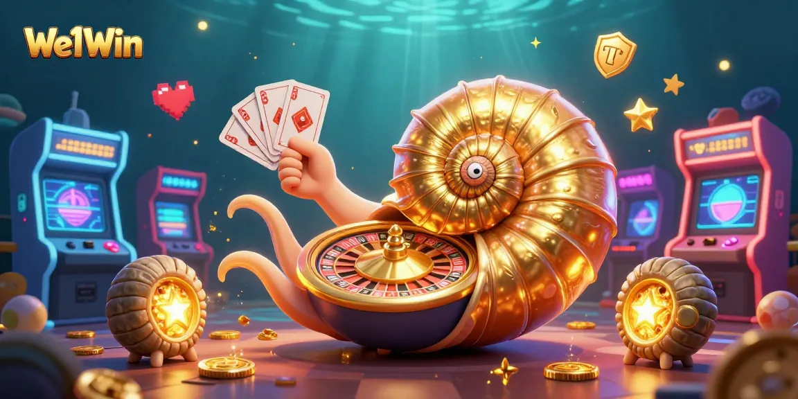 We1Win showcases a vibrant 3D casino scene with a nautilus roulette wheel and gaming machines.