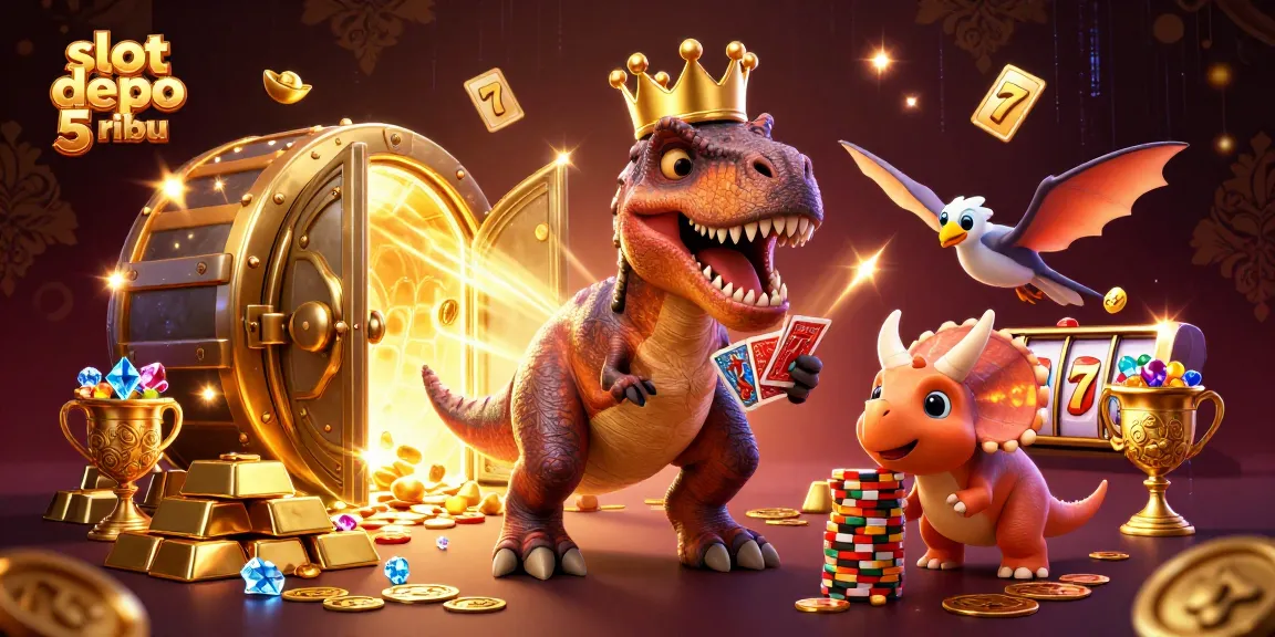 Engaging illustration of slot depo 5 ribu featuring a T-Rex playing cards and stacking chips in a golden casino setting.