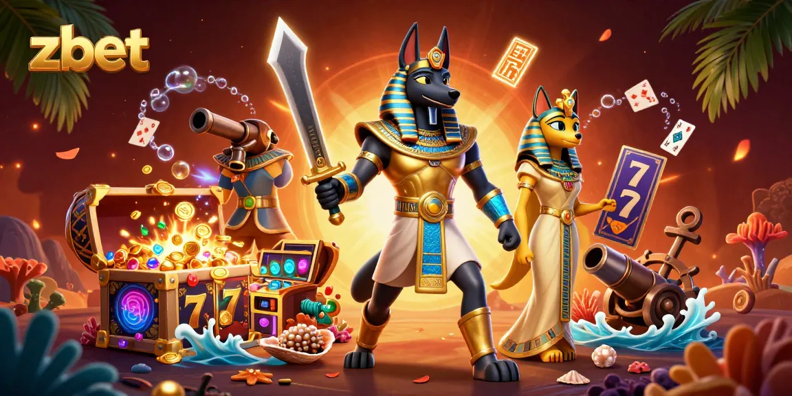 Engage with zbet’s thrilling slot experience featuring Anubis and Bastet in a vibrant casino scene.
