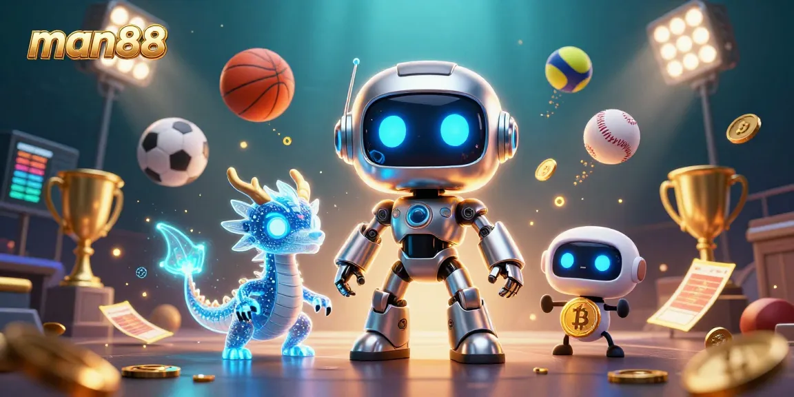 Engage with man88's thrilling sports betting scene featuring dynamic robotic mascots and vibrant game elements.