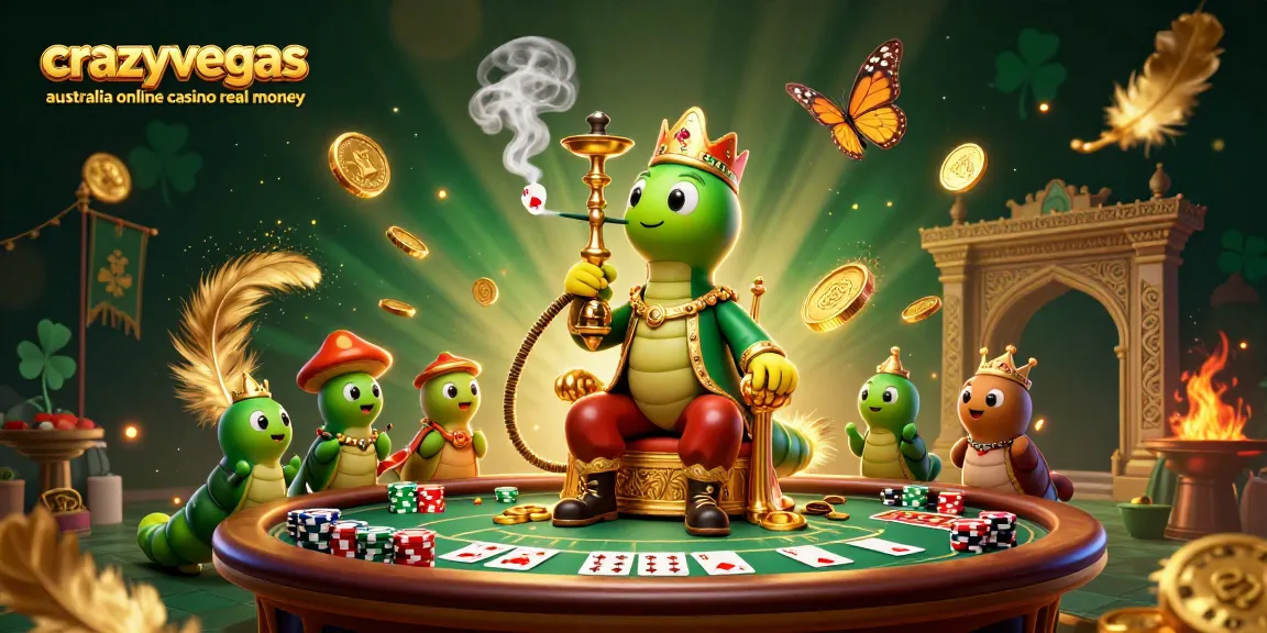 Engage in fun with crazyvegas australia online casino real money, featuring a lively casino scene with a caterpillar poker master.