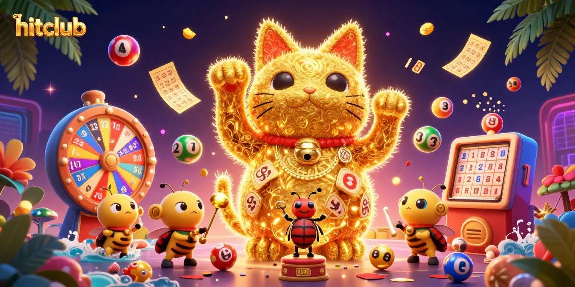 Engage with hitclub's vibrant 3D illustration of a lucky cat and dynamic casino symbols.