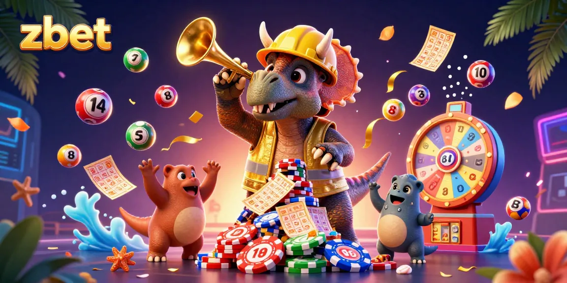 Experience the excitement of zbet with cartoon dinosaurs celebrating a dynamic lottery scene.