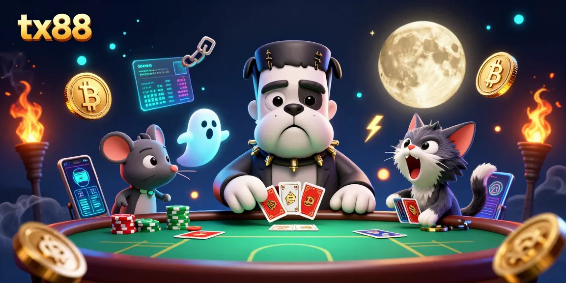 tx88 engages players at a spooky poker table with a ghost mouse and werewolf kitten.